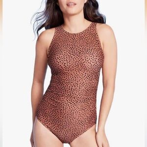 Kona Sol Brown Polka Dot High Neck Ruched One Piece Swimsuit
